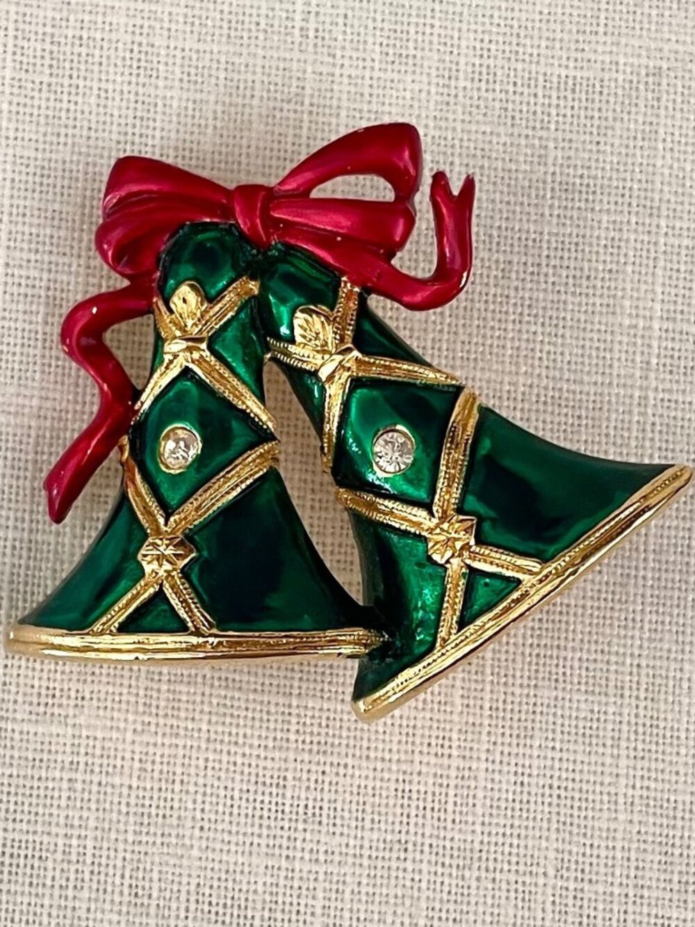 SFJ Vintage Jingle Bells Christmas pin stamped SJF sz 2 inch green gold red rhin